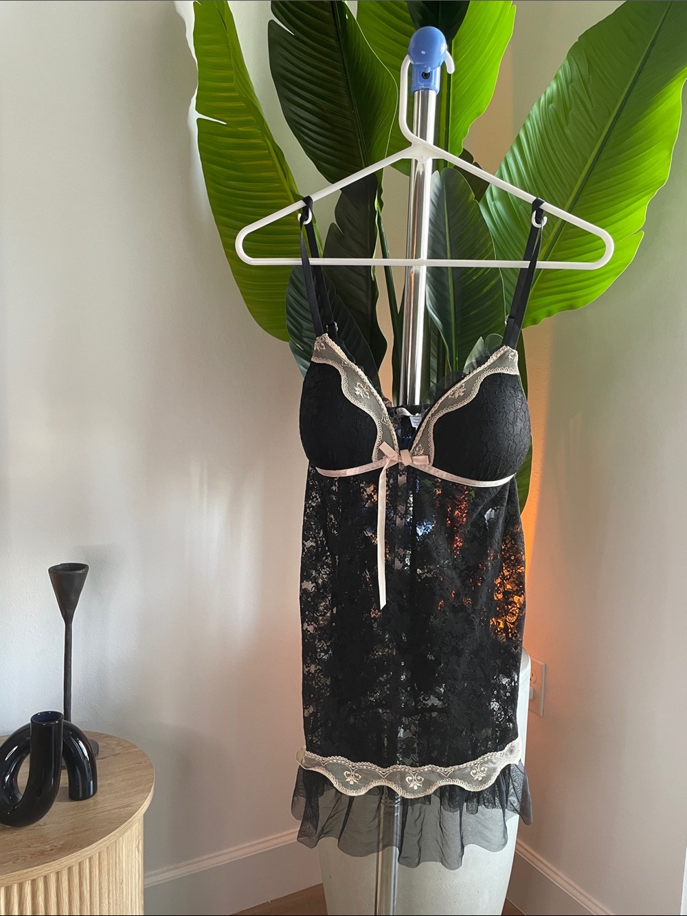 Linea Donatella Black Lace Chemise with Ivory Trim and Pink Ribbon with bottoms